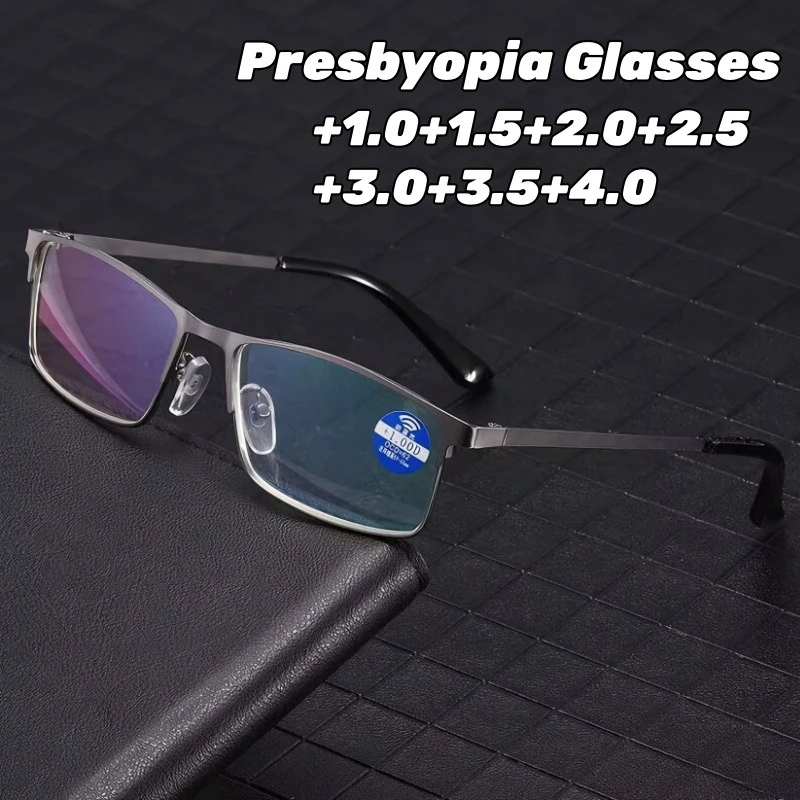 

Retro Half-Frame Reading Glasses for Men Metal Square Frame High-Definition Anti Blue Light Classic Business Presbyopia Glasses