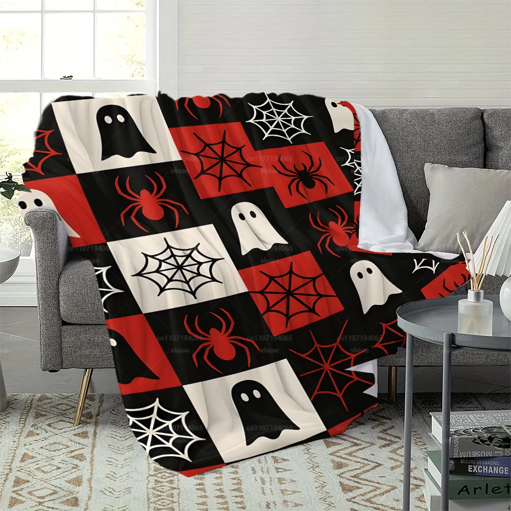 Retro Halloween Checkered Blanket, Ghost Spider Spider‑Web Pattern Flannel Blanket, Warm Cozy Throw for Bedroom Couch Halloween