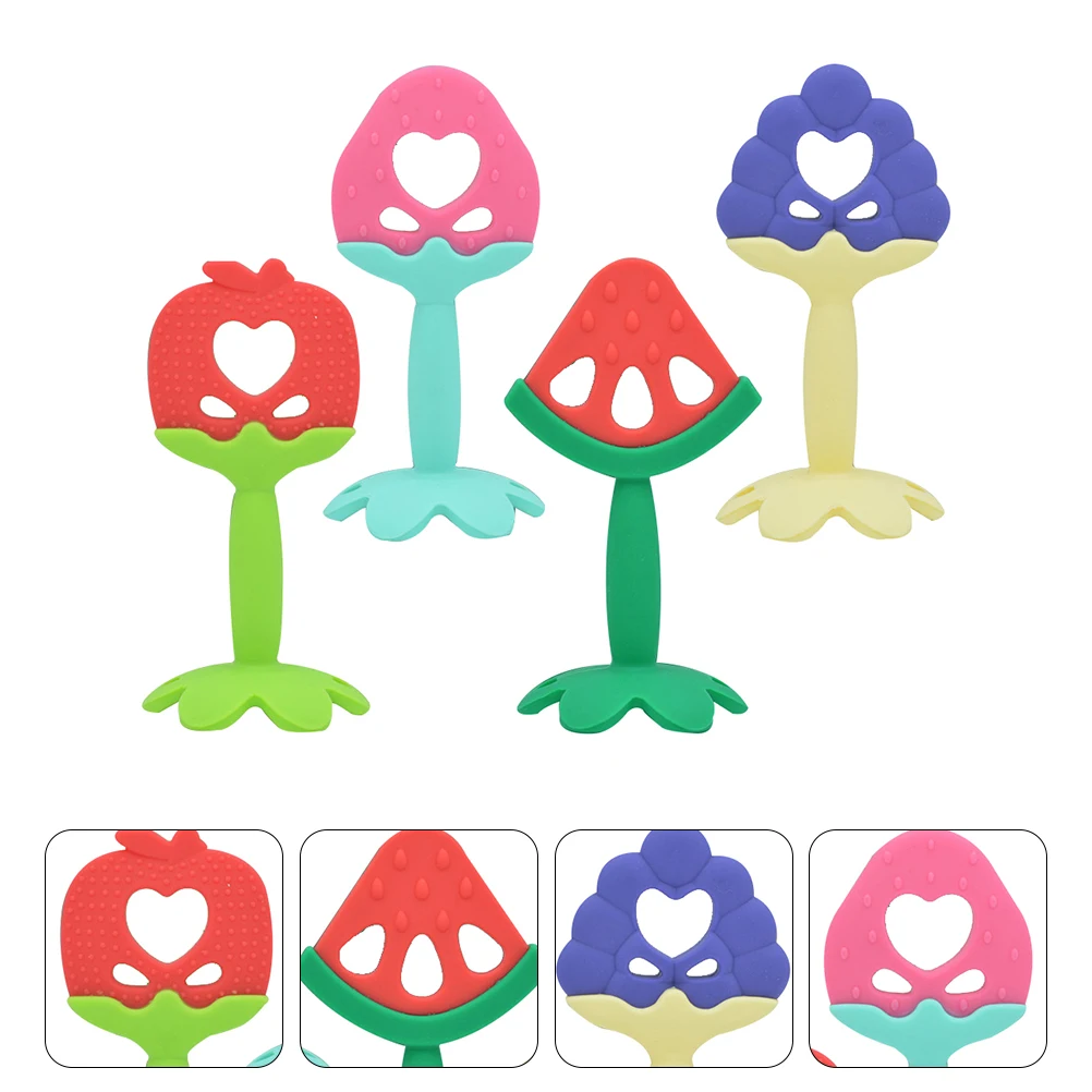 

4 шт., набор силиконовых прорезывателей для фруктов, детский молярный стержень, жевательная шлифовальная палочка для зубов, мягкая безопасная пустышка для десен для младенцев