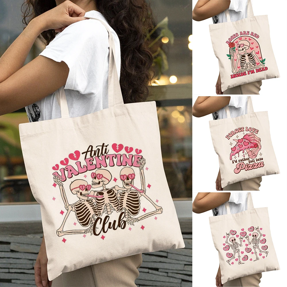 

Cartoon Valentine Girl Shopping Bags Skeleton Rose Lady Daily use Shoulder Handbag Double Print Pizza Love Women Shopper Bags