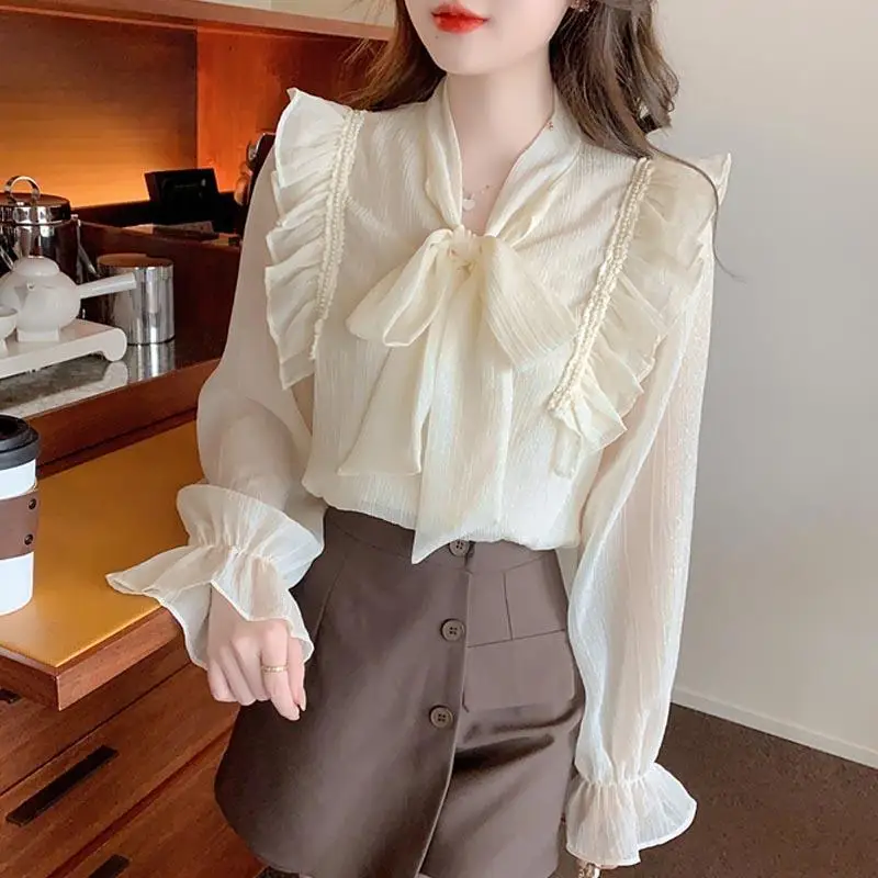 

Chiffon Loose Women's Shirts New Fashion BlousesSolid Color Bow Autumn Casual Long Sleeve Top Korean Style Female Clothing A458