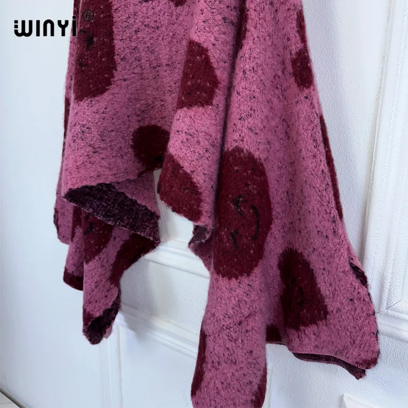 WINYI winter print knitt dress fashion cape Holiday dress Elegant party winter ponchos for women loose cloak boho women clothing