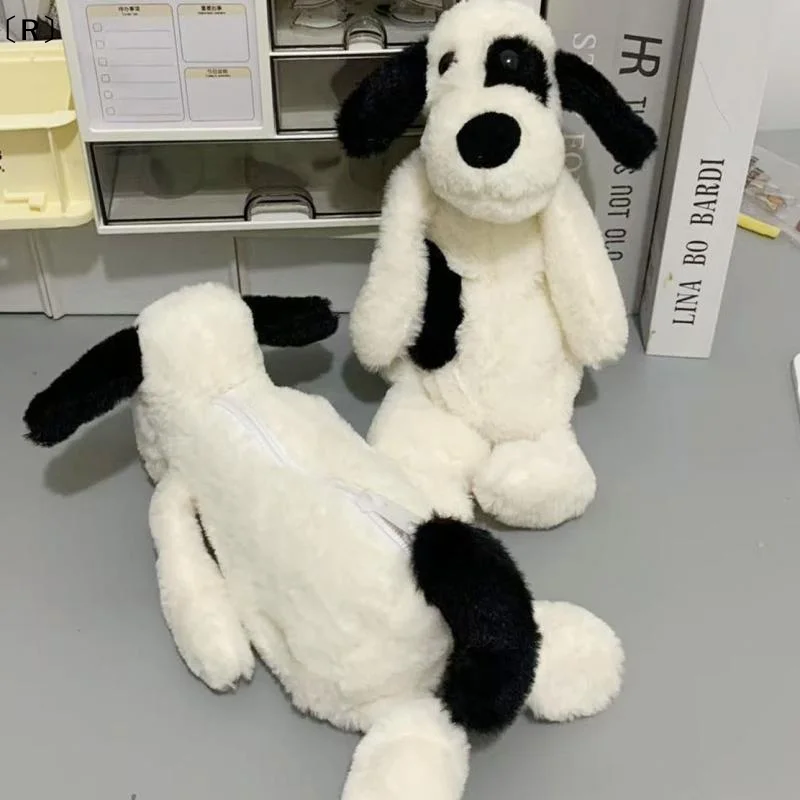 〔R〕Niedliches schwarz-weißes Plüsch-Welpen-Federmäppchen, tragbare Kosmetiktasche mit Cartoon-Motiv, Federmäppchen, Aufbewahrungstasche, Schreibwarenbeutel, Geschenke für Studenten