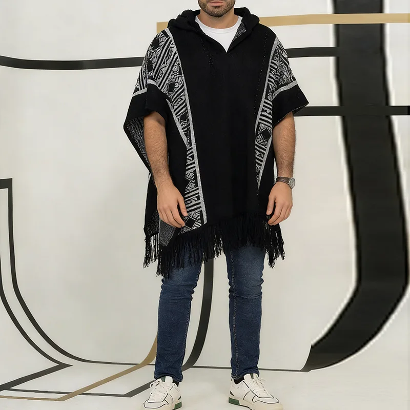2026 Spring Summer New Men Fashion Desin Hooded Cloak Integrated Coat Tassel Edge Cape Knitted Outerwear
