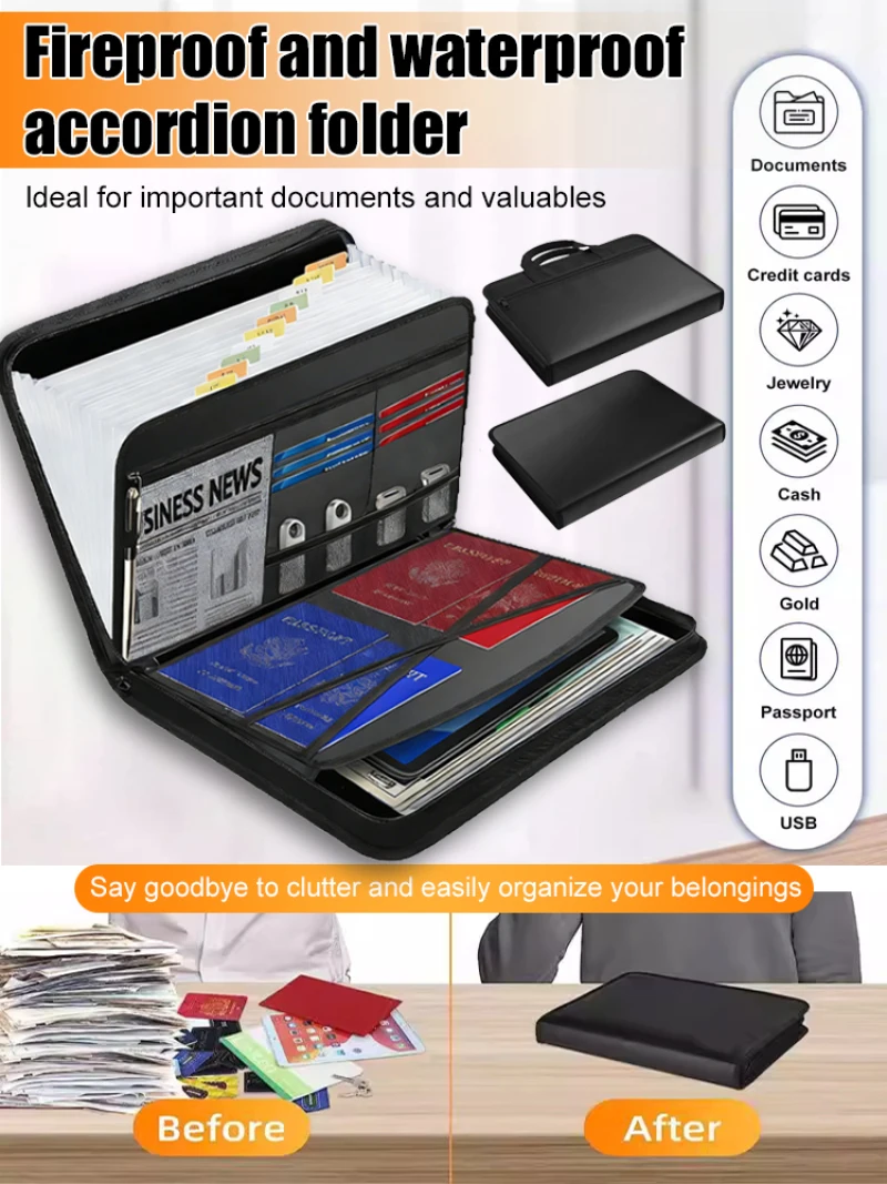 Waterproof Fireproof Large Capacity Accordion File Folder Foldable Portable with Labels Office Document Organizer