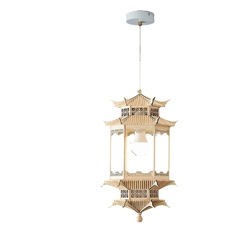 

New Chinese antique building model chandelier dining club villa living room dining room handmade solid wood ornaments lamps