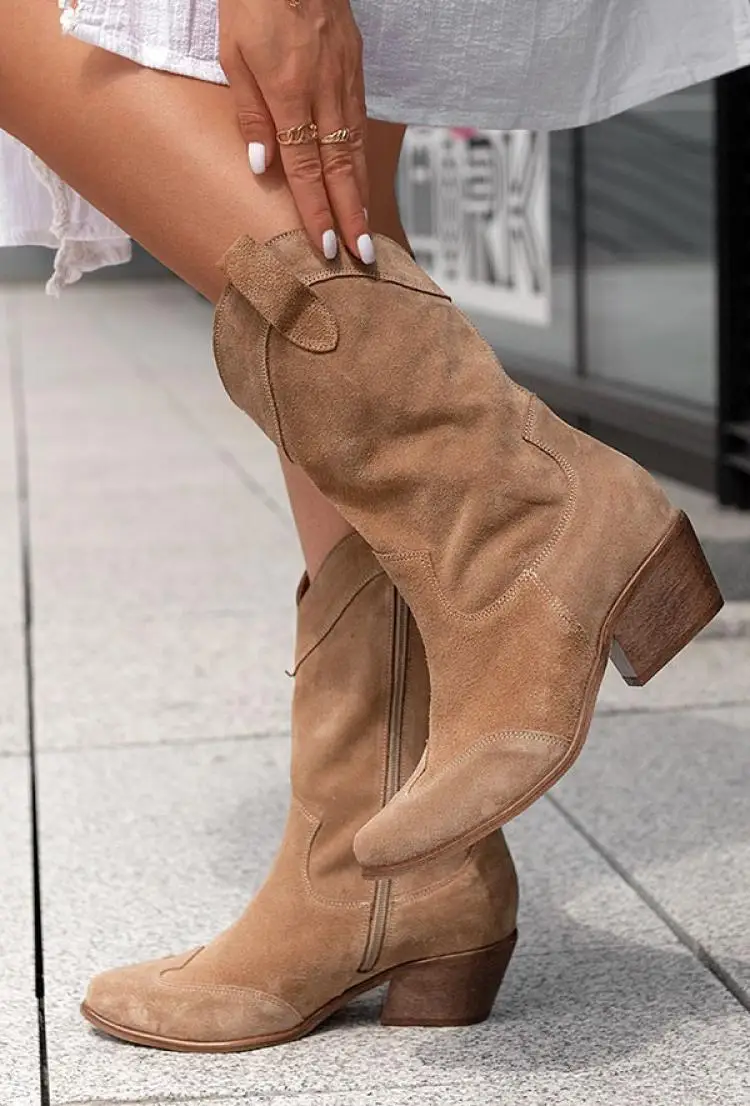 2022 Women Short Boots Fashion Pointed Toe Western Boots Autumn Winter Middle Heels Female Shoes Roman Retro Booties Botas Mujer