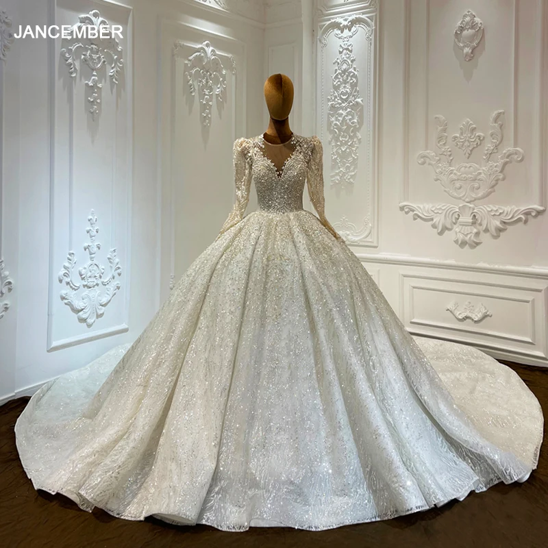 

Jancember Perfect Classic Bride Dresses Wedding Organza O-Neck Chapel Train Beading Button Backless Vestido De Novia LSCJ13