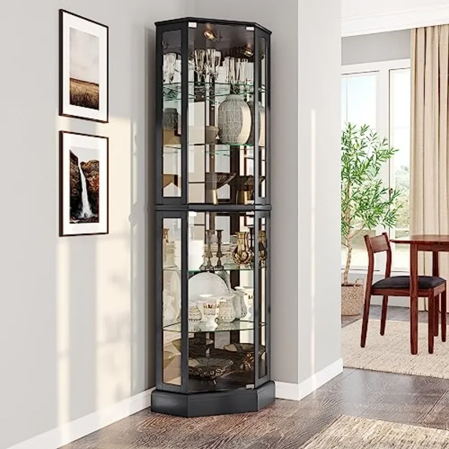 Lighted 3-side glass display curio cabinet for bar and liquor storage