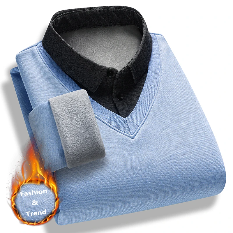 Men's Fake Two Piece Shirt Collar Fleece Lined Warm Long Sleeve Pullover Business Casual Daily Fall Winter Base Layer 1 Pack