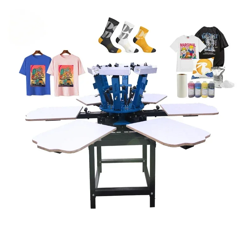 ForHigh Quality Manual MicroRegistration Flatbed Octopus Printing Machine 6 Color 6 Station T-shirts Rotary Screen Printing Mach