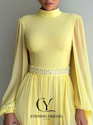 CUYUN High Collar Long Sleeves Women Evening Dresses Summer Chiffon Party Gown Customized Prom Dress for Formal Occasion