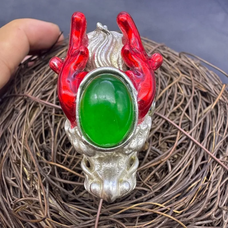 Men Adjustable Miao Silver Dragon Head Ring, Vintage Old Silver Cloisonne Inlaid Green Jade Chinese Collectible Finger Jewelry