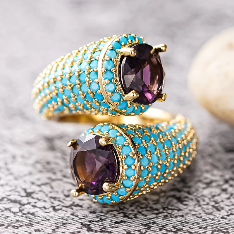 Huitan Bohemia Blaue Türkisringe für Frauen Luxuriöse Charmante Lila Kubische Zirkonia Goldfarbene Ringe Täglicher Party-Schmuck Geschenk – Detail 3