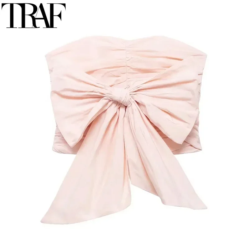 

TRAF Woman Party Backless Sexy Tops Bow Strapless Tops Women 2024 Ruched Crop Off Shoulder Tube Top Summer Corset Tank Pink Top