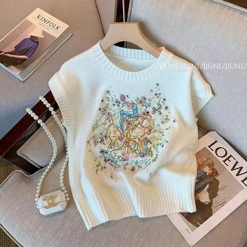 

Luxury High-end Knit Vest Embroidery Knitted Sleeveless Waistcoat Summer New Chic Ice Silk Vest Women's Outer Wear Sweater Tops
