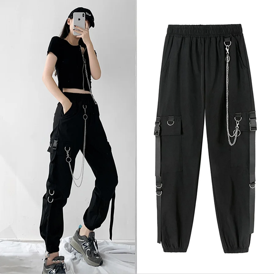 

2023 Spring Summer Cargo Women's Pants Punk Black Female Joggers Streetwear Harem Ankle-Length Trousers with chain