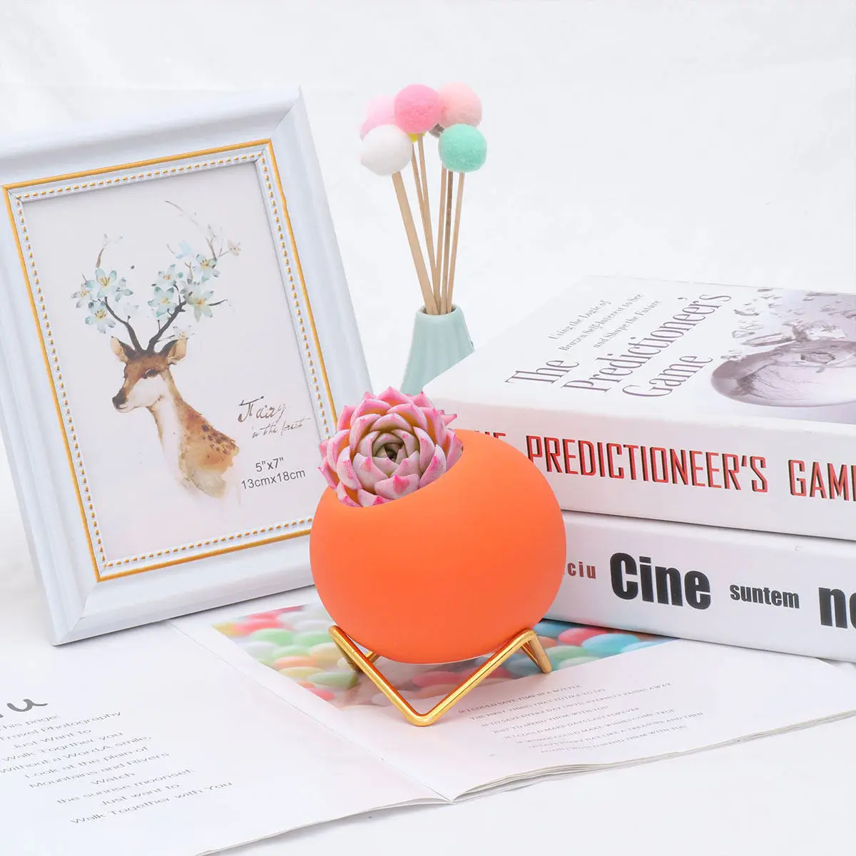 Galvanized Steel Base Ceramic Flower Pot Round Indoor Planter for Living Room Bedroom Home Decoration Ceramic Flower Pot Orange