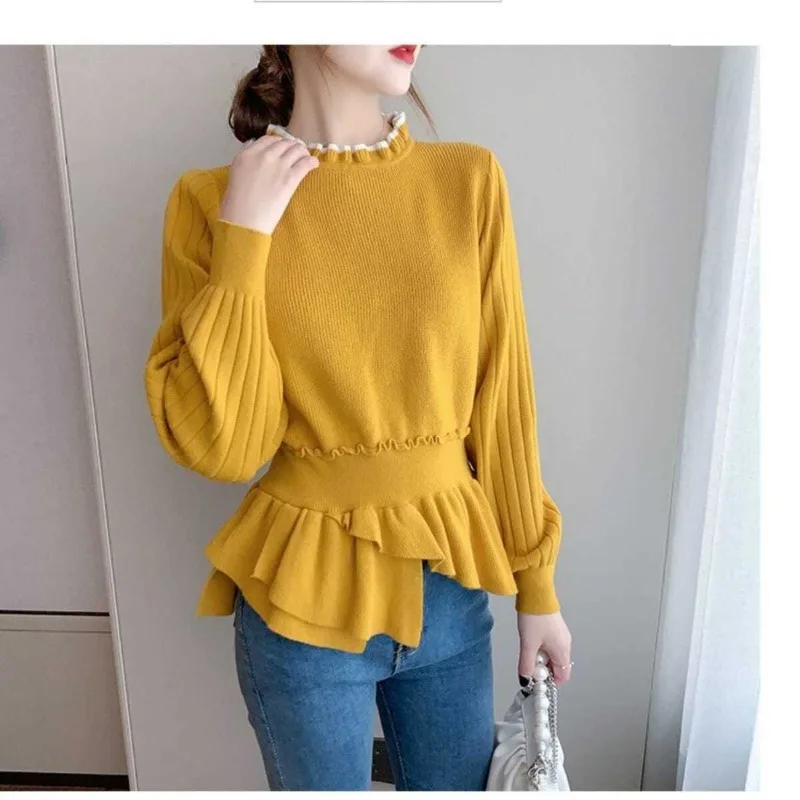 Spring and Autumn Women\'s Solid Long Sleeve Knitted Bottom Waist Hemiline Ruffles Screw Thread Fashion Casual Office Lady Tops