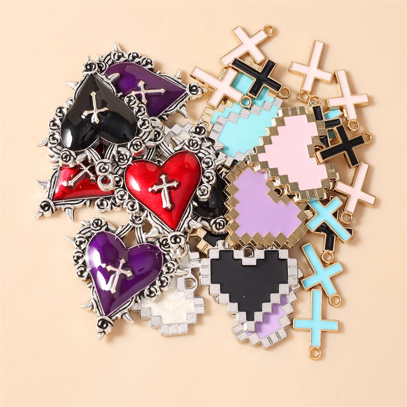 10 pendentifs breloques en émail mignons en forme de cœur et de croix pour la fabrication de bijoux, boucles d'oreilles, colliers, bracelets, accessoires de bricolage