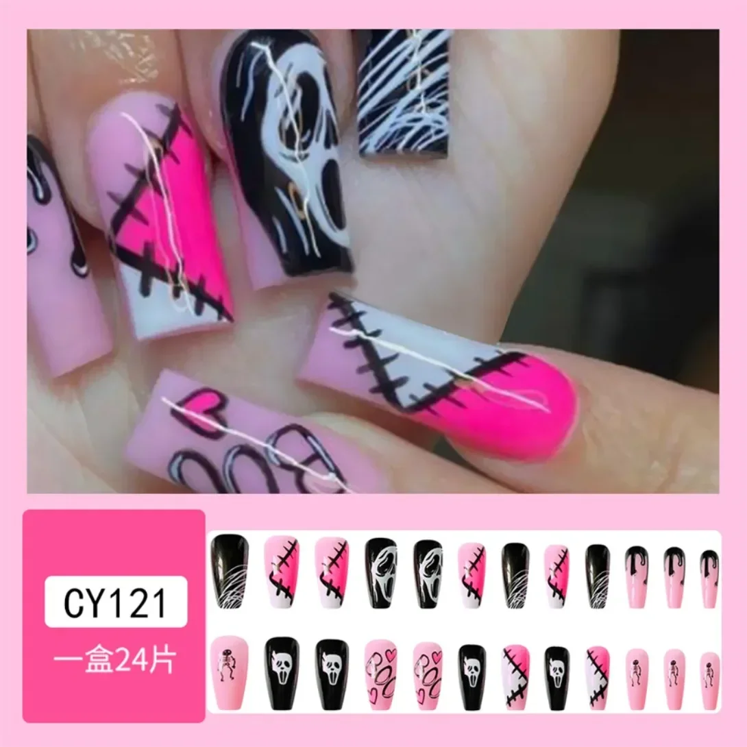 24pcs Artificial Acrylic Nail Art Fake Nails Long Ballet Square Head Press on Nails Tip Lotus Root Pink Puzzle Black False Nail