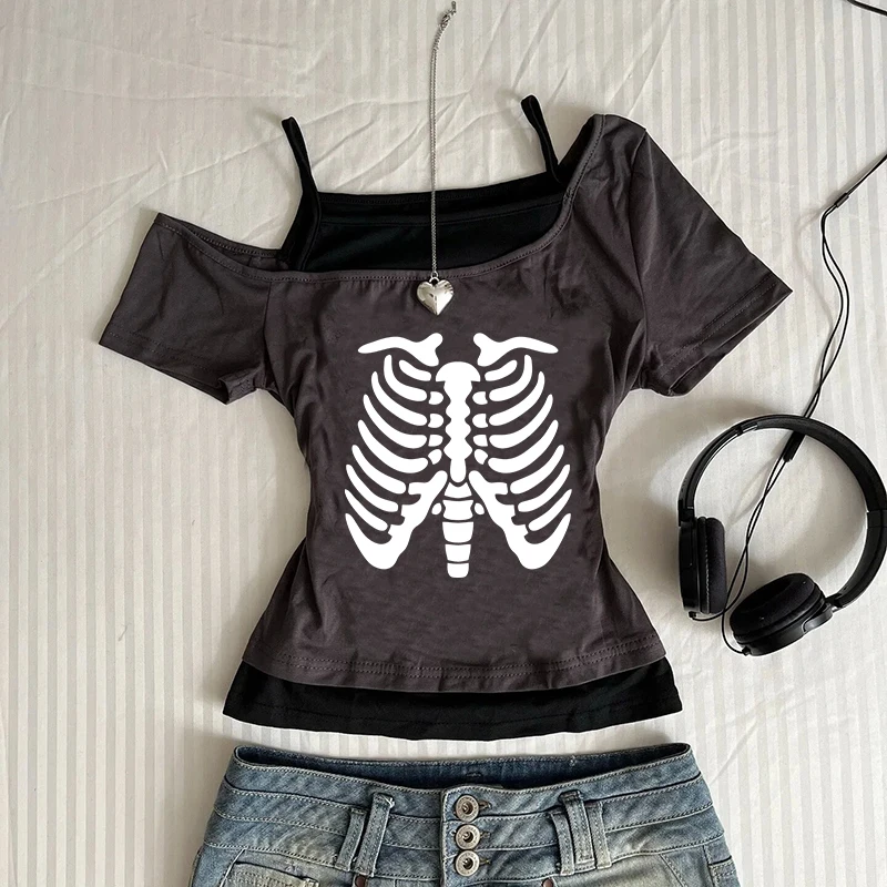 Harajuku الجمالية عادية تي شيرتات قصيرة الاكمام Y2K الإبداعية الجمجمة نمط طباعة المرأة المحاصيل الأعلى موضة مثير سليم س الرقبة الطفل المحملة #2
