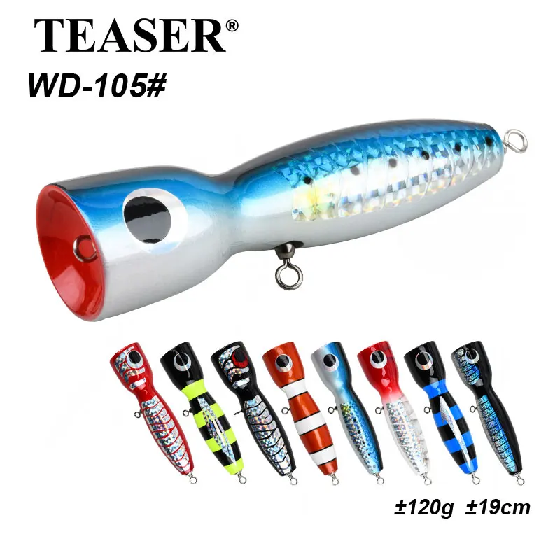 

TEASER WD105 120g Topwater Wood Popper Fishing Lure Big Game Boat Trolling Fishing Wooden Popper Lure Carp SwimBait With Hooks