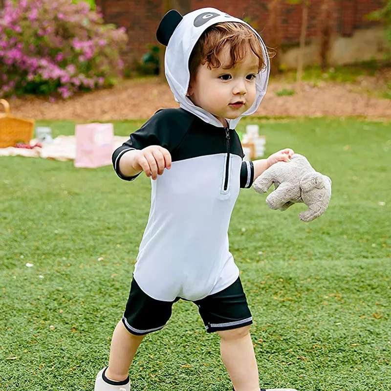 Cute Panda Style 1-7Y Baby Children One Piece Swimwear Swimsuit Hoodie Boys Girls Long Sleeve Sunscreen Beach Wear Bathing Suit