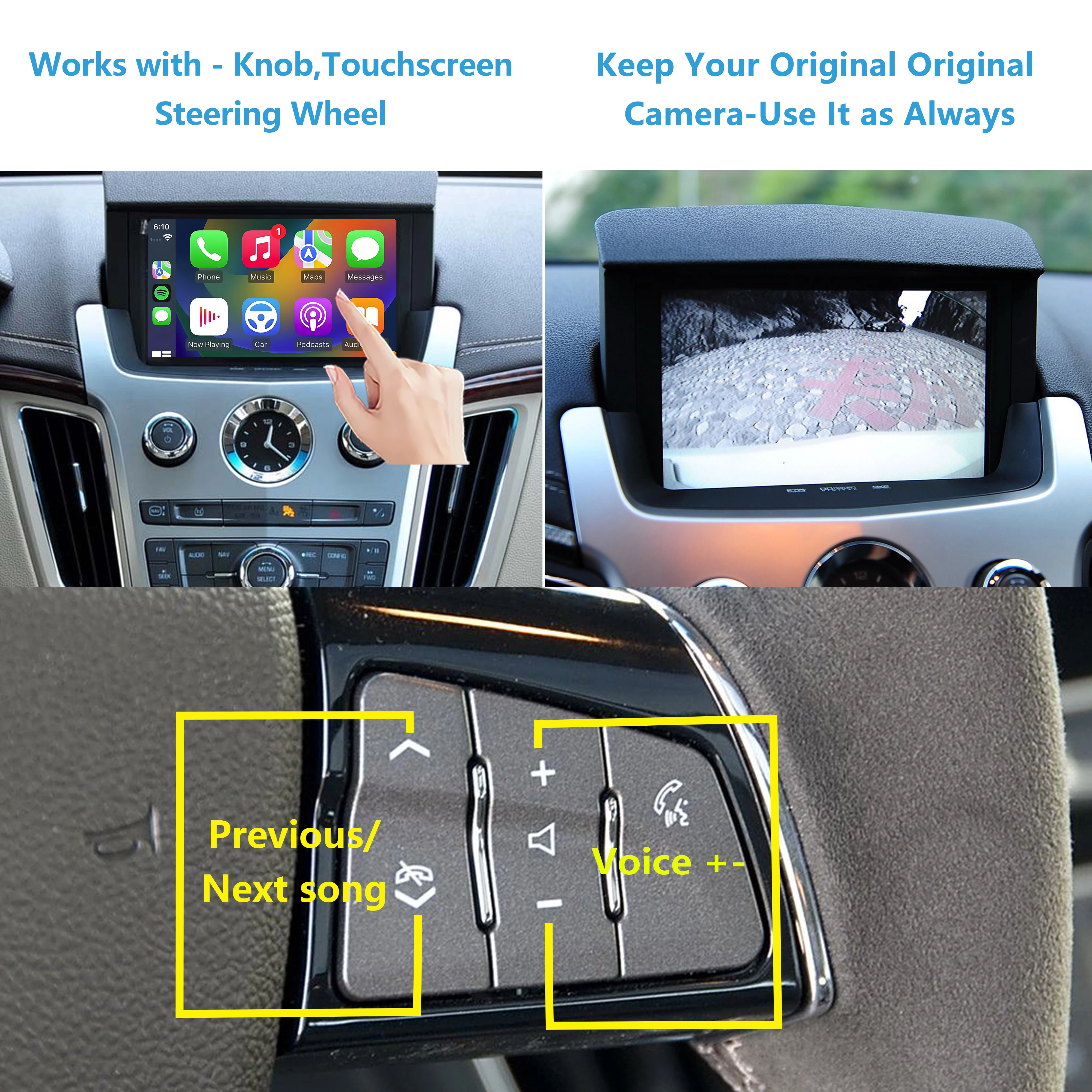 ワイヤレス CarPlay キャデラック CTS SRX 2009-2012 レトロフィットワイヤレス Android 自動プラグ&プレイ追加リバースカメラ iPhone ミラー