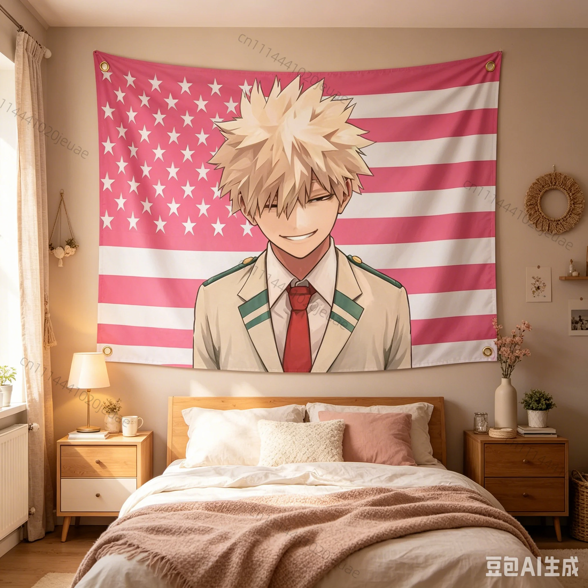Funny Y2K Pink American Flag Tapestry B-Bakugo Katsuki Wall Art Decor Headboard Aesthetic Backdrop Cloth Home Decor Fans Banners