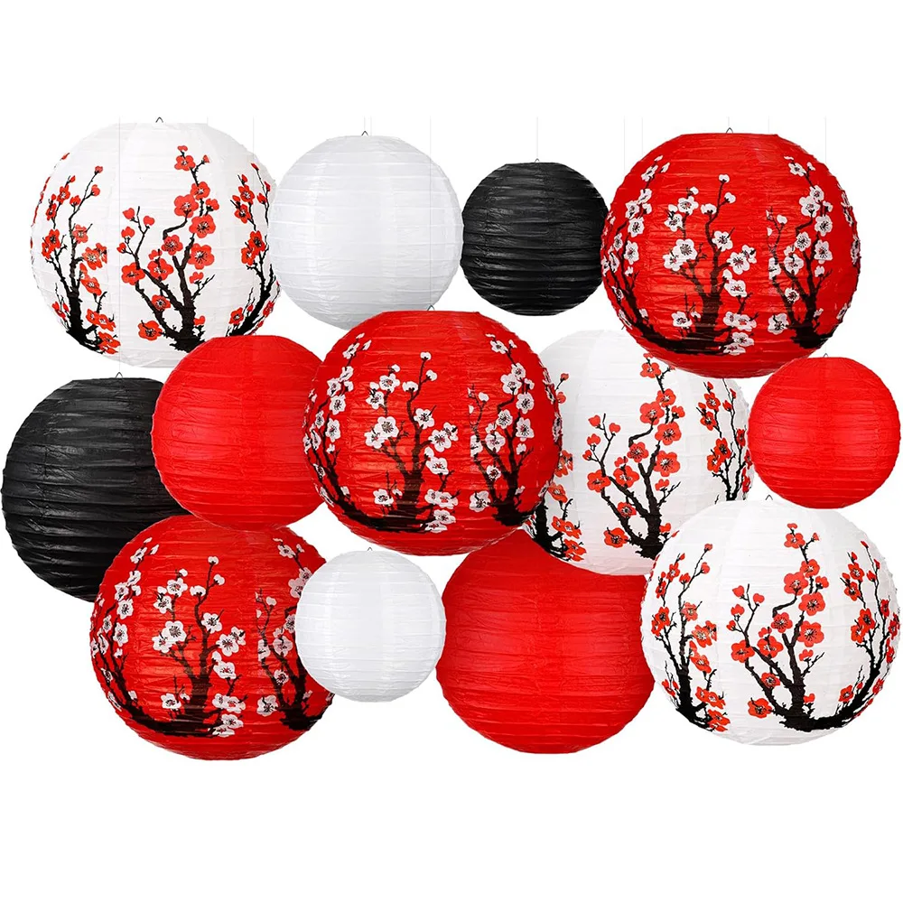 Juego de 13 Faroles de Papel con Diseño de Flores de Cerezo Rojas para el Festival de Medio Otoño, Primavera, Año Nuevo, Bodas, Decoración de Fiestas, Tradición China