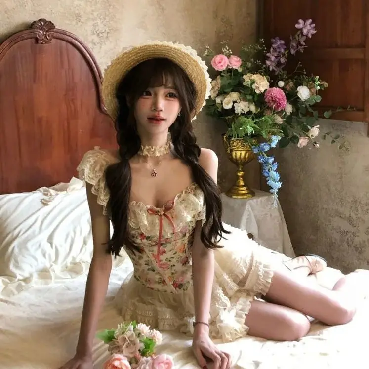 MAGOGO French Style Pastoral Lolita Retro Girls Sweet Sling Floral Blouse Fluffy Short Skirt Summer New Skirts Set