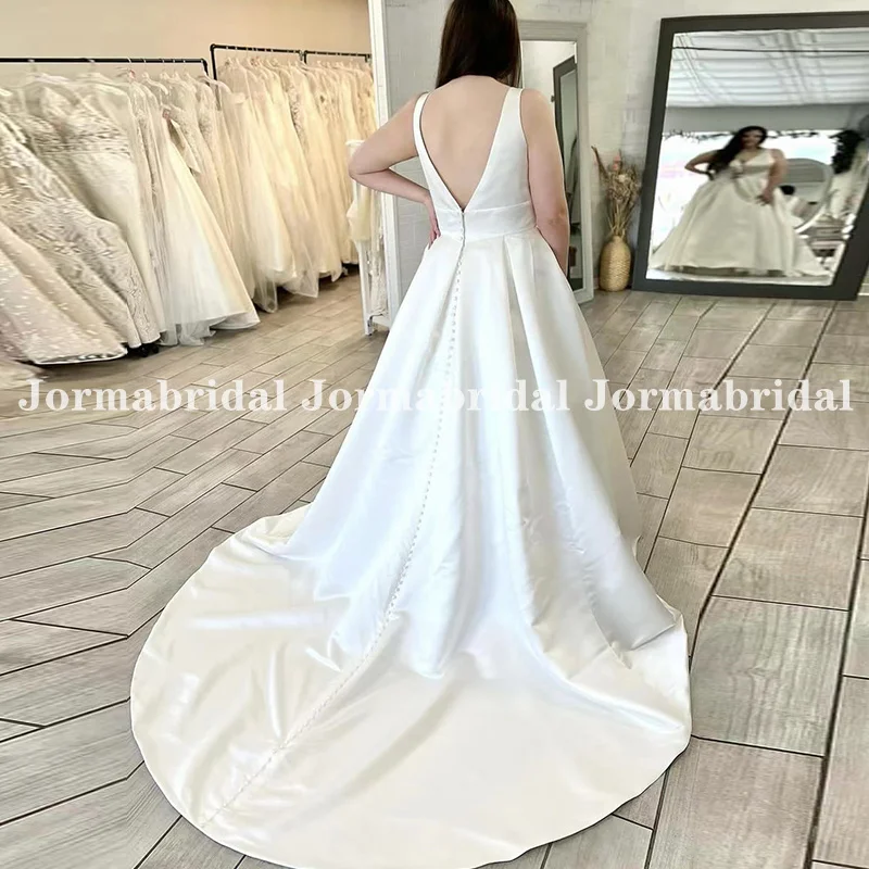 Plunging V-neck Satin Plus Size Wedding Dress with Pockets Double Straps Formal Bridal Gown Open Back Long Train Covered Buttons