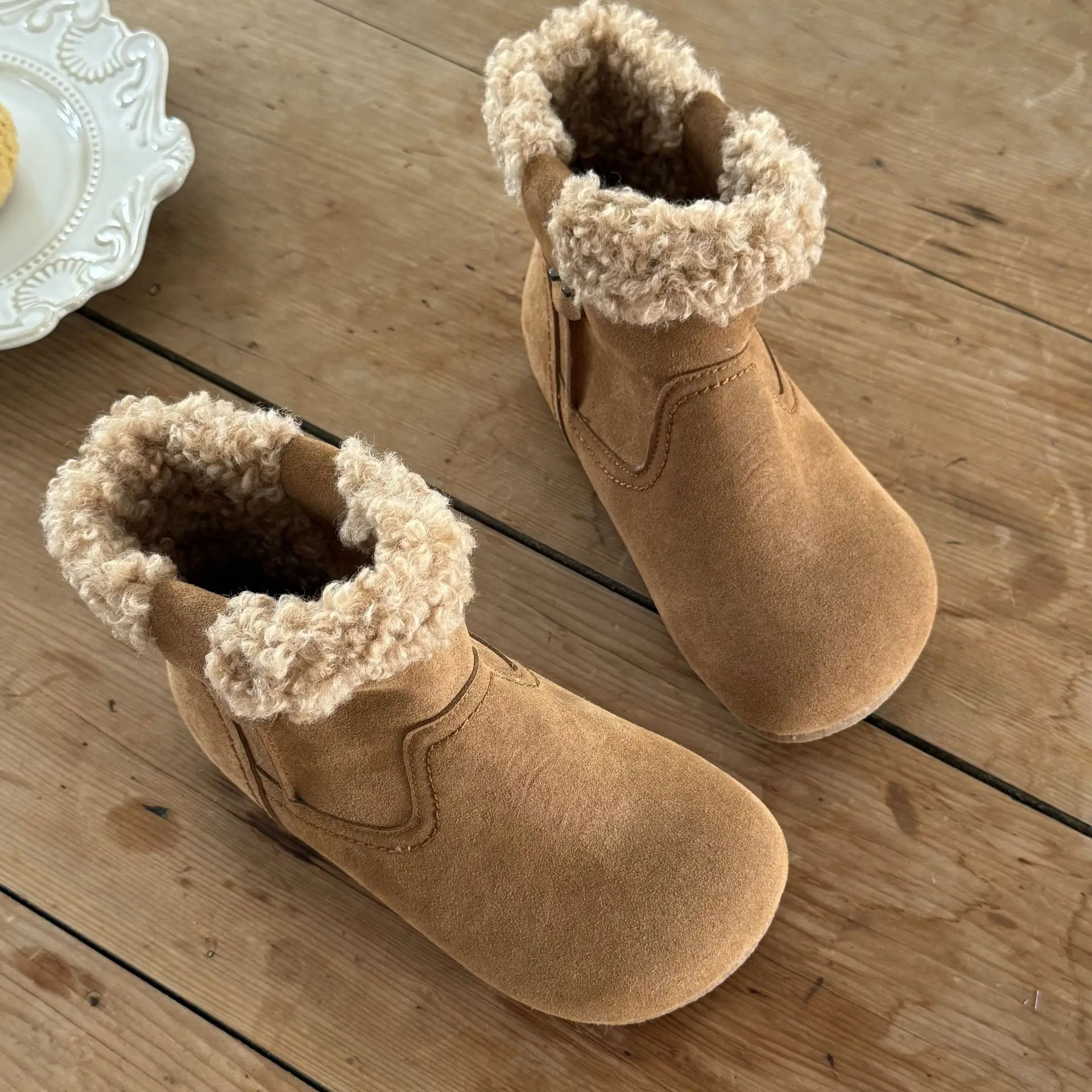 

Cow Leather Kids Snow Boots Soft Suede Leather Warm Lining Artificial Lamb Wool Girls Fashion Ankle Boots Boys Casual Shoes