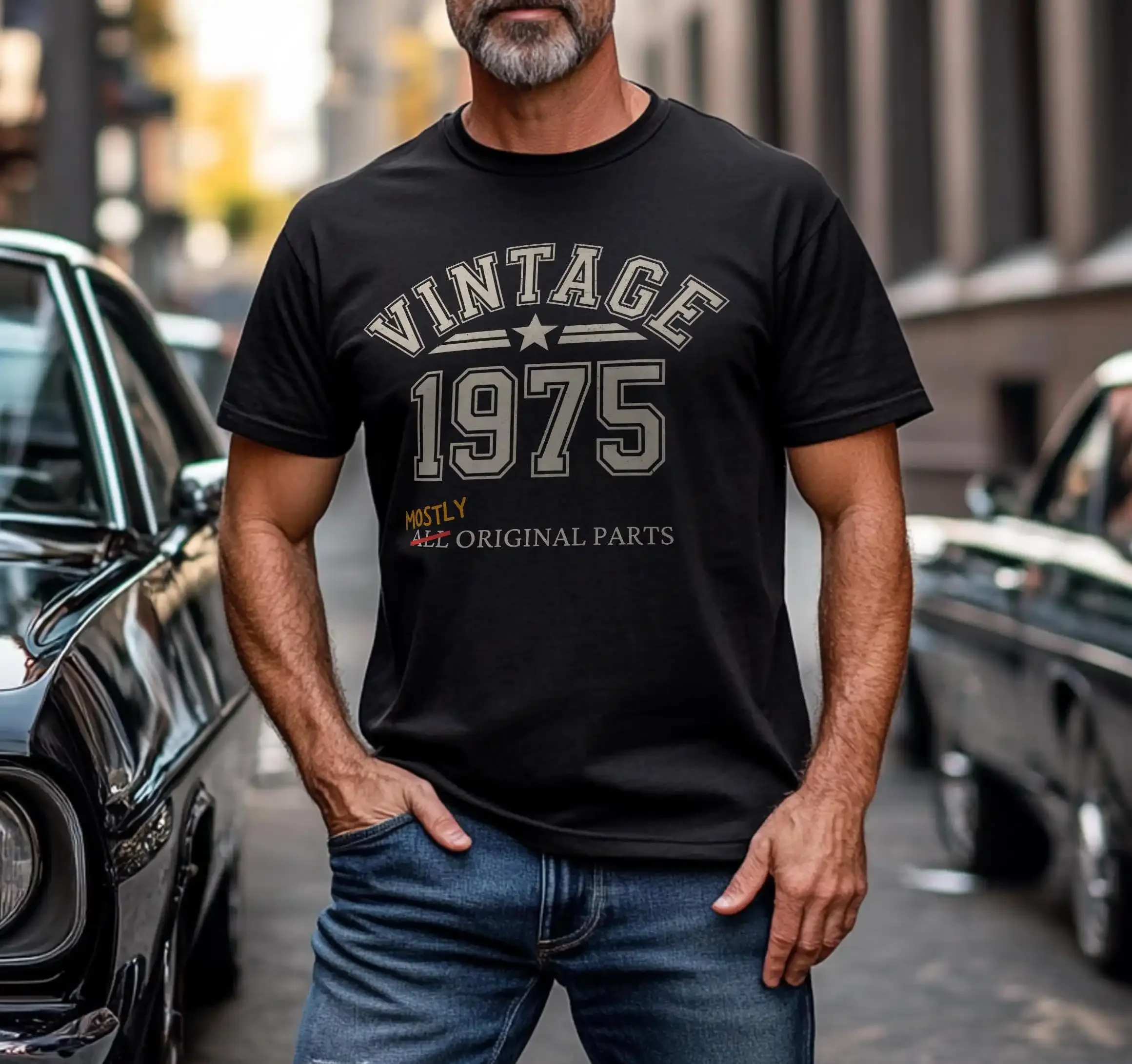 50th Birthday T Shirt Funny Vintage 1975 Retro 50 Years Old Mostly Original Parts for Men and Women Milestone