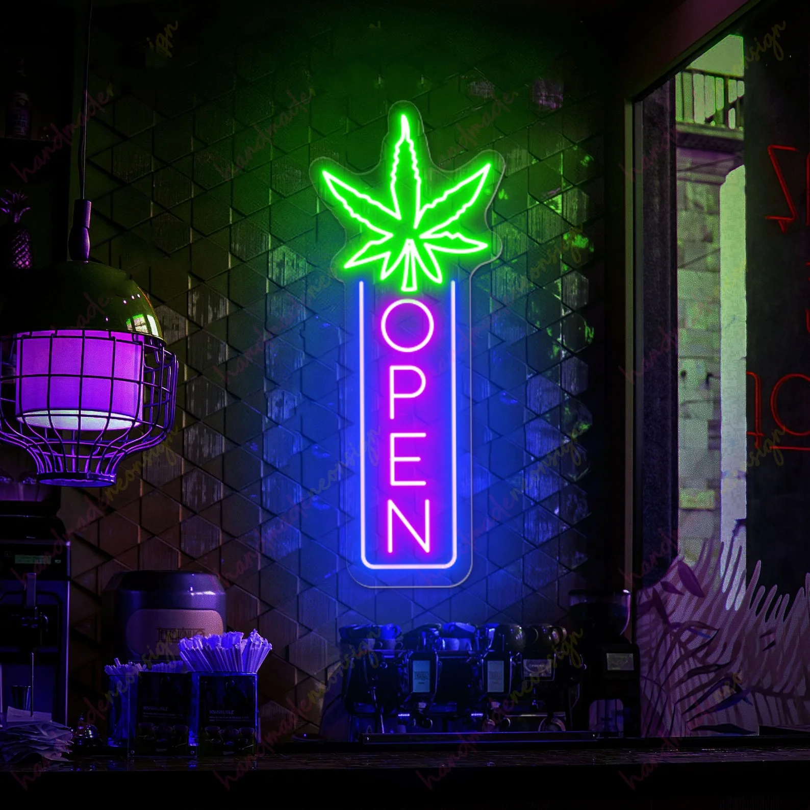 Indoor Vertical Open Neon Sign, Vertical Open Neon Sign,  Weed Wall Art, Marijuana Sign Decoration