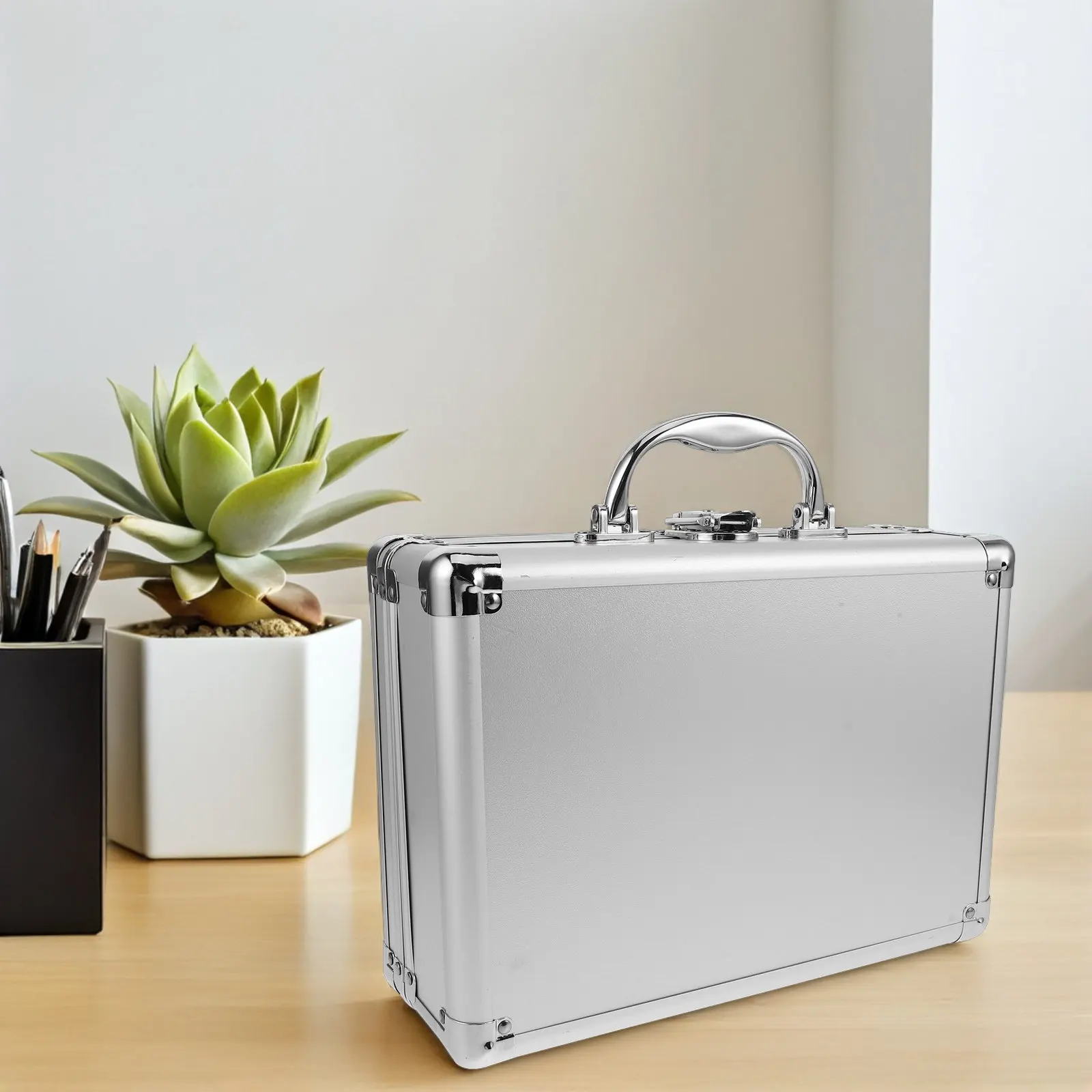 Aluminum Alloy Storage Box Key Lock Portable Hard Case Protective 2 Layer Foam Padding Tool Organizer Documents Microphones