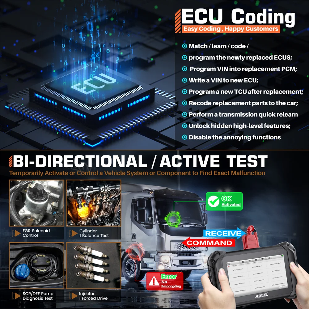 ANCEL V5 HD Heavy Duty Truck Scanner Semi Truck Full System Diagnostic Bidirection Diesel for Cummins/Detroit/Caterpillar/Paccar