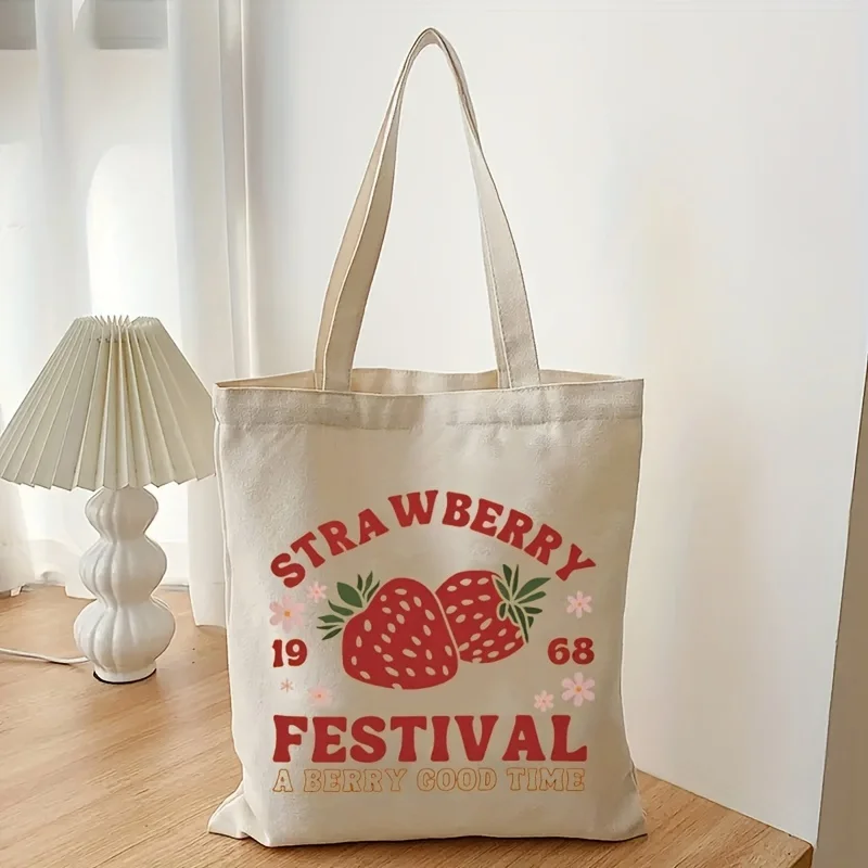 1pc Cute Strawberry Pattern Tote Bag, Casual Canvas Shopping Bag, Reusable Grocery Shoulder Bag