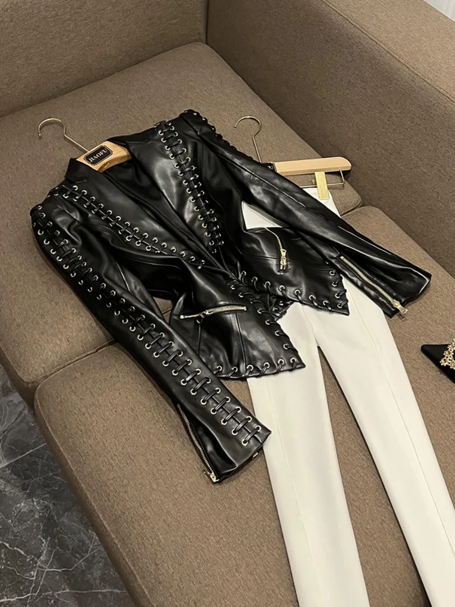 Faionable Star Sle Heavy Du Abrigo de traje Jaet de cuero ajustado con cinturón A20655ZB Commute Sle Cuero sintético Largo S...