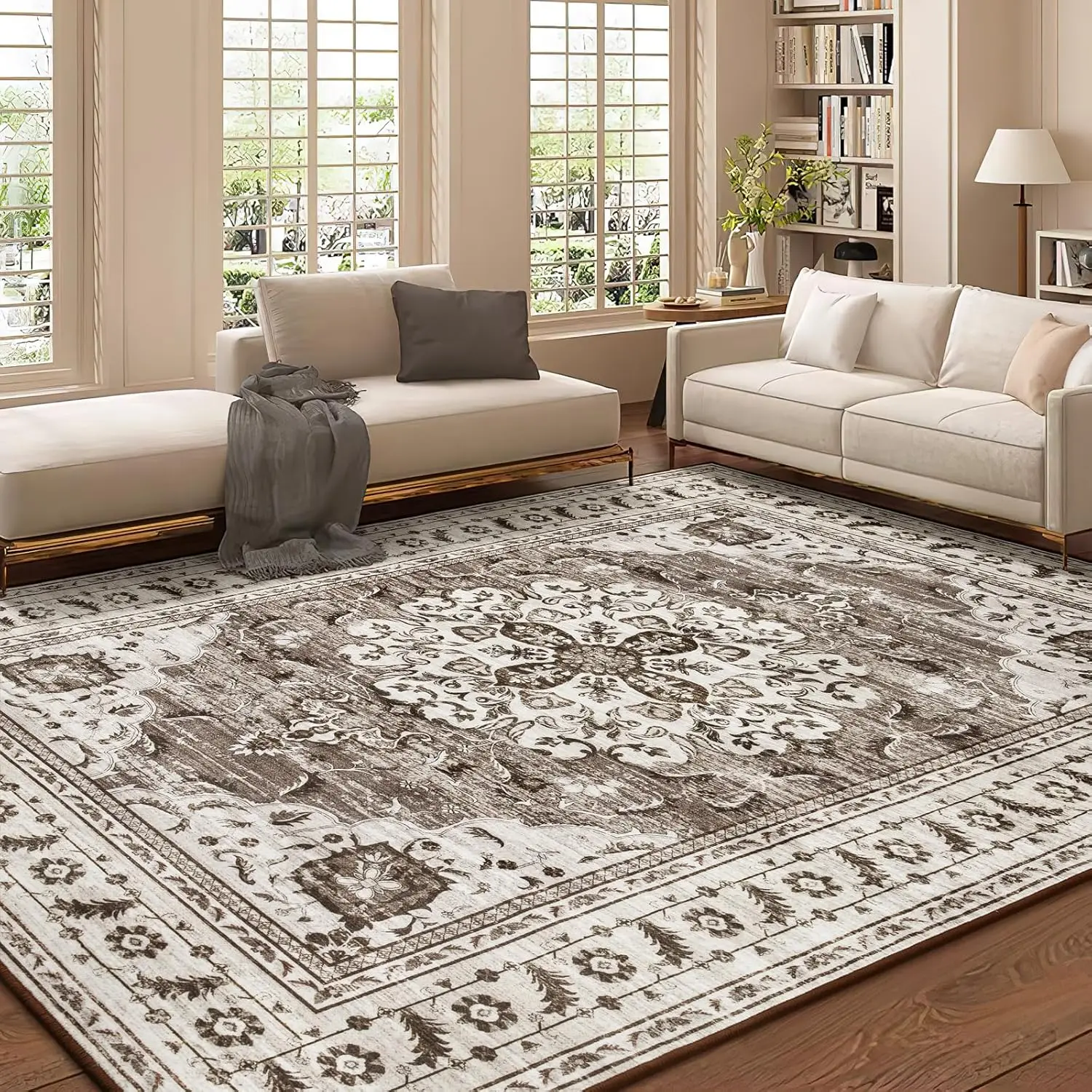 

Ковер 5x7 футов для гостиной, нескользящий, моющийся, большой, бежево-коричневый, для декора дома и офиса