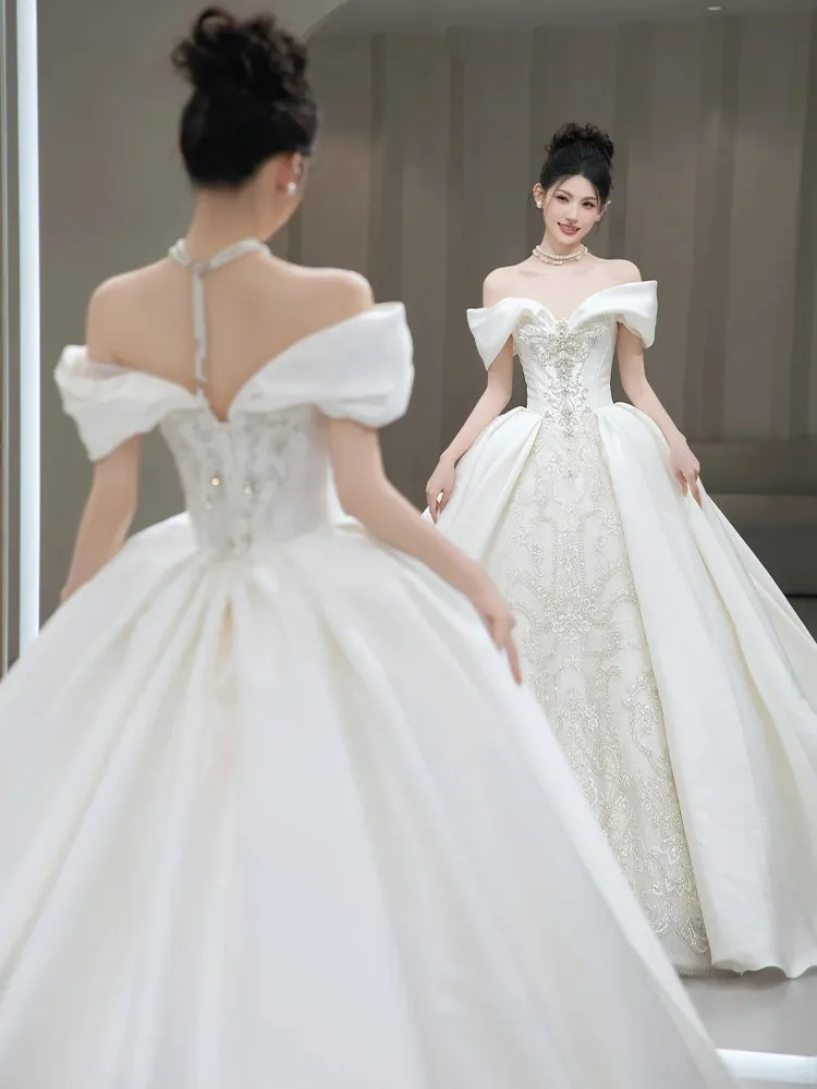 off-Shoulder Satin Primary Wedding Dress Bride 2026 New French Heavy Industry Advanced Texture Pregnant Women Light Luxury Tail
