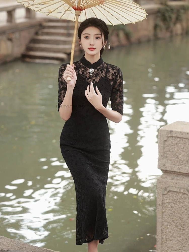 

Autumn New Chinese Improved Version Lady Cheongsam Young Black Lace Dress Women Modern Qipao Graceful Cheongsam Dress