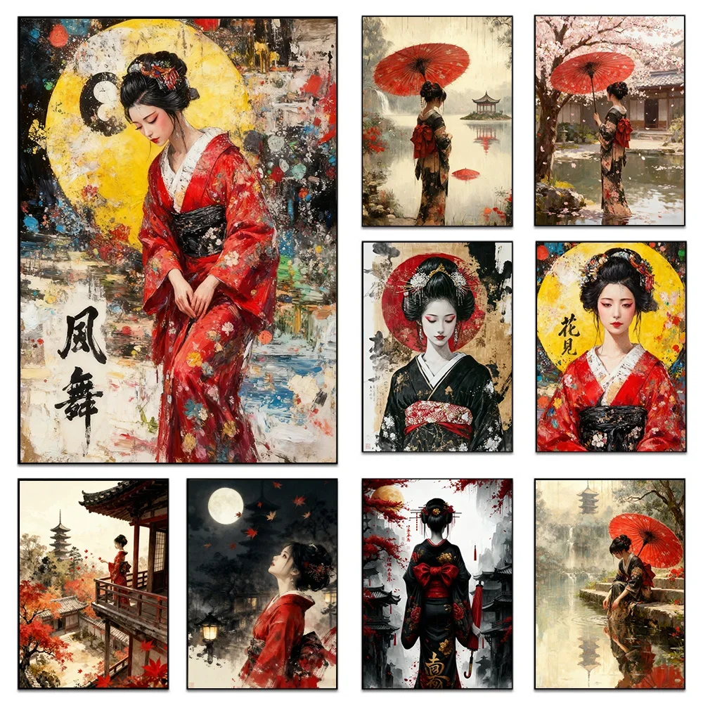 Vintage Geisha Poster Print For Office Living Room Traditional Japanese Wall Art Woman In Ornate Kimono Canvas Painting Decor