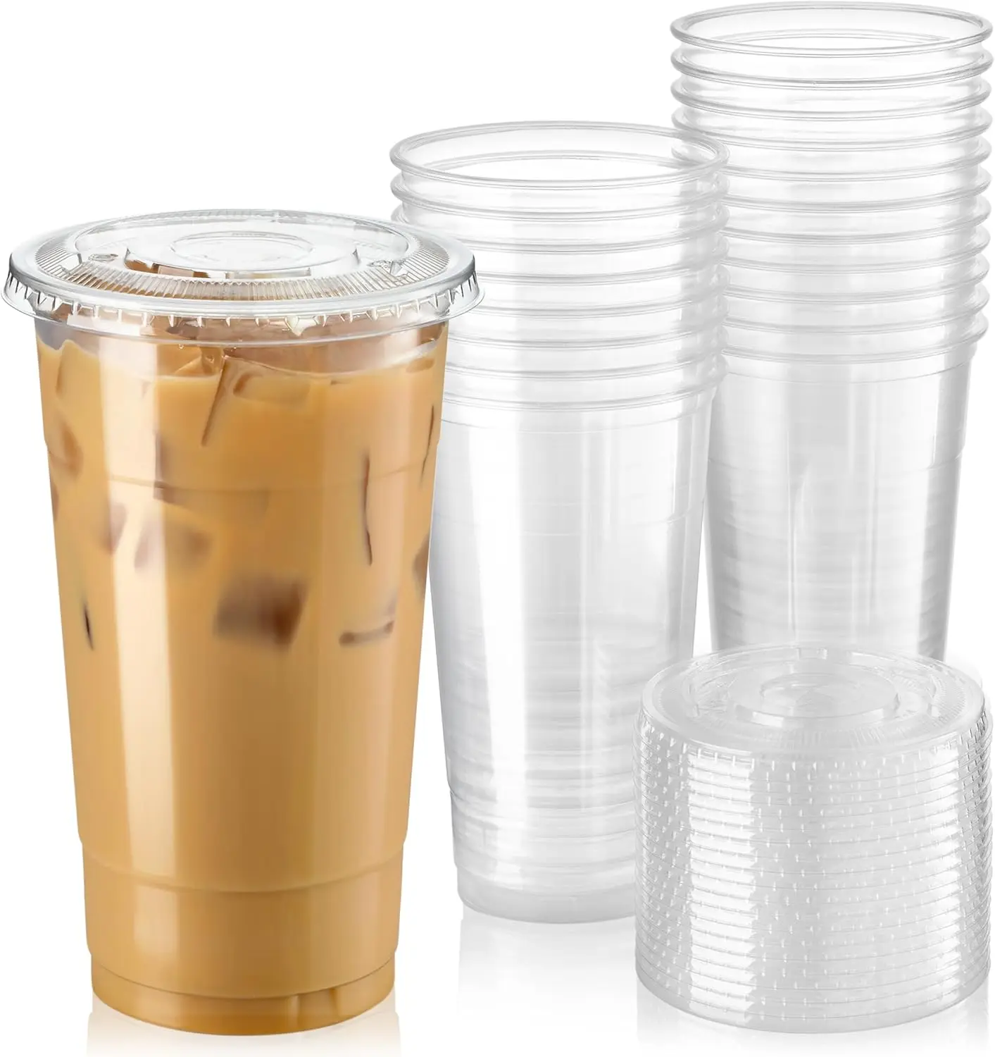 

50 Pack 32 oz Clear Plastic Cups with Flat Lids, Disposable Iced Coffee Cups, BPA Free Premium Crystal Smoothie Cup for Party