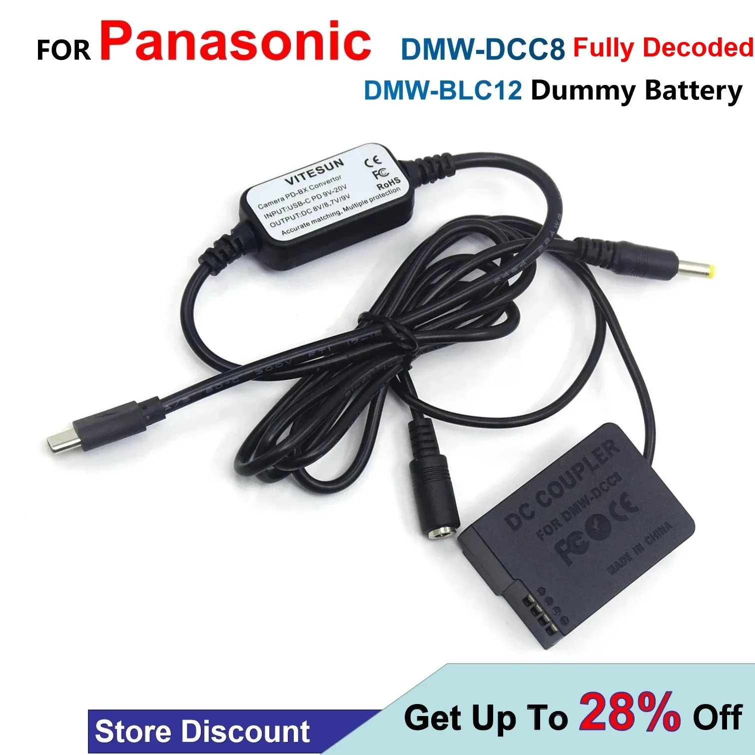 

DMW-DCC8 DMW-BLC12 Fully Decoded Dummy Battery+USB Type-C Power Cable Adapter For Panasonic FZ2500 FZ200 FZ300 G7 G6 G80 G85 GX8