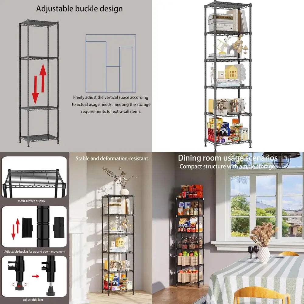 

Регулируемая 6-ярусная стальная стеллажная система для хранения, для прачечной, кухни или кладовой - черная, 16.7Д x 11.9Ш x 64В
