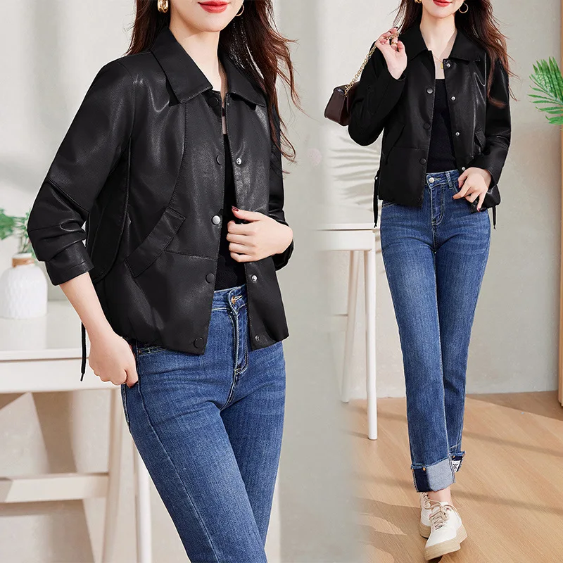 Short leather jacket for women in spring 2024, new loose fitting and slimming style, stylish small and versatile sheepskin