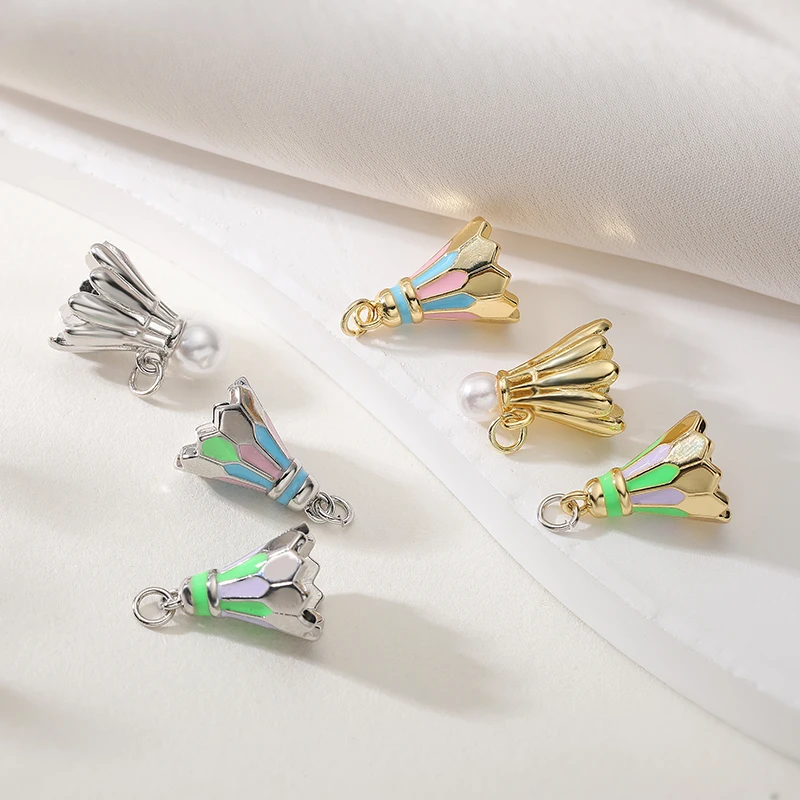 2pcs/lot,Enamel-Glazed Badminton Shuttlecock-Shaped Pearl Charm Sporty Casual Jewelry Accessories & DIY Jewelry Making Supplies