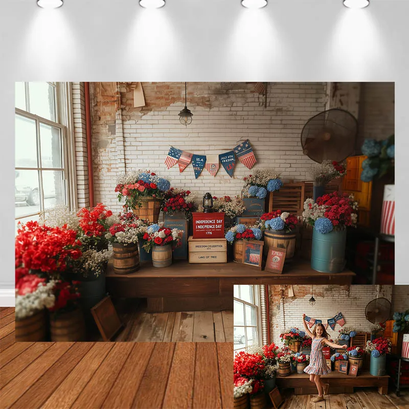 

LS Photography Background Independence Day Flowers Flag Wooden Crate Barrel Brick Wall Decor Adult Kids Portrait Photo Backdrop